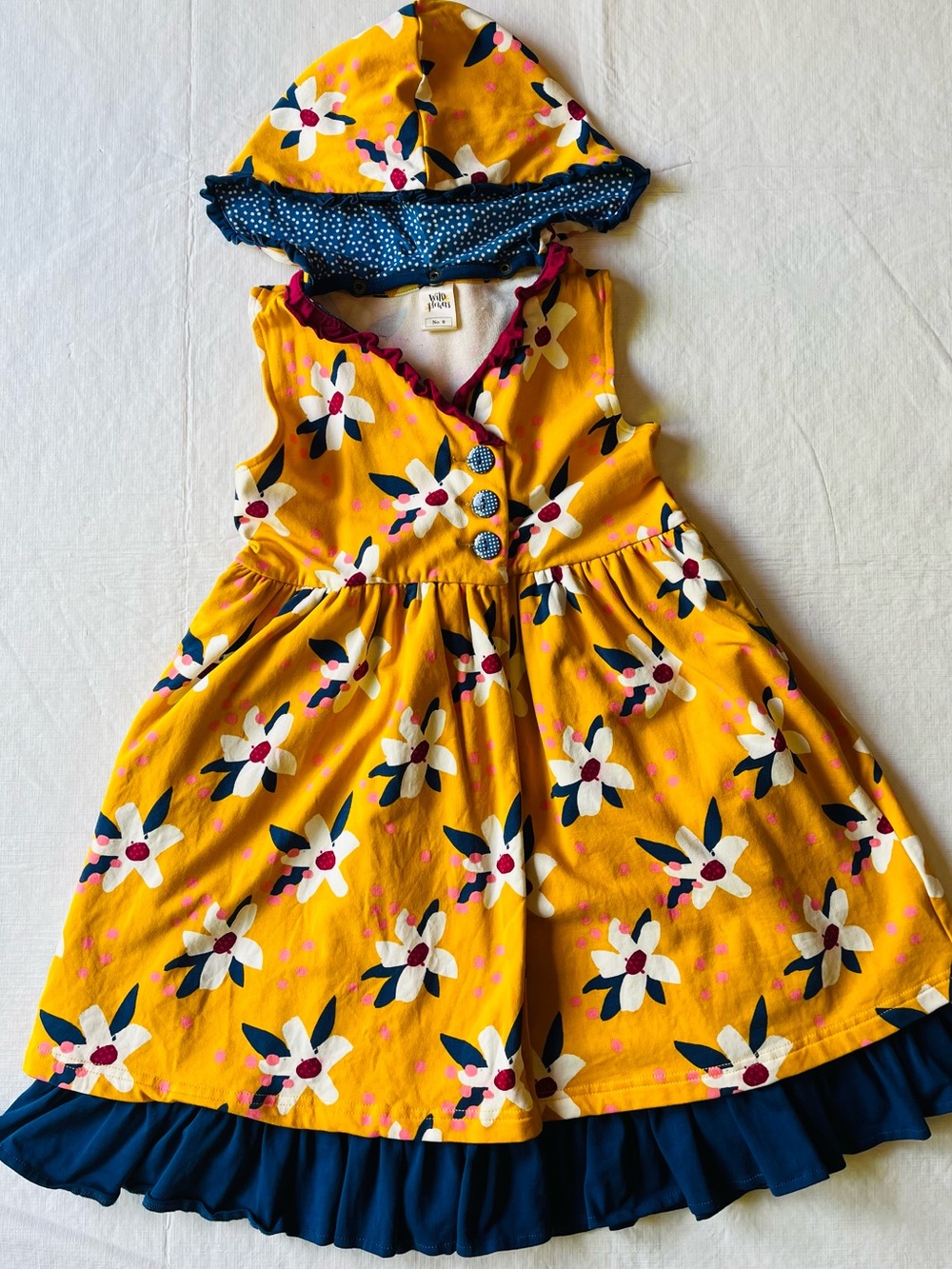 Wildflowers pocketful of wonder marigold Nina hooded, yellow, blue, wrap dress